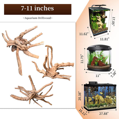 majoywoo Natural Driftwood for Aquarium Decor Fish Tank Decorations, Assorted Spider Wood Branch 7-11" 3 Pcs, Reptile Decor