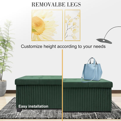 Storage Ottoman Bench, 43 Inch Foldable Ottoman with Legs, Velvet Foot Rest Stool, End of Bed Bench, Storage Chest for Living Room, Bedroom (Green)