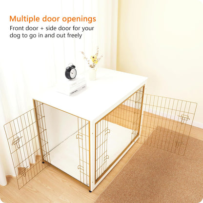 DWANTON Dog Crate Furniture with Cushion, Wooden Kennel Table with Double Doors, Indoor Dog House, Extra Large Size, 43.3" L, White+Gold