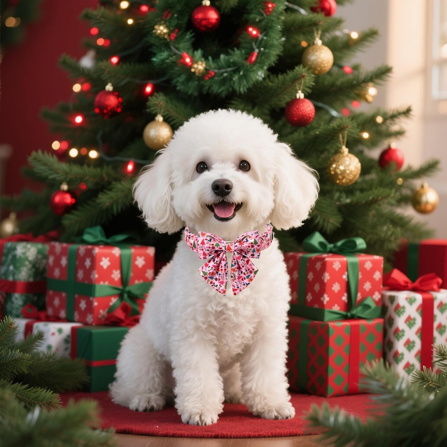Lionet Paws Christmas Dog Collar with Sailor Bow, Cute Ho Christmas Tree Snowman Pink Dog Collar Bow Tie for Dogs, Small, Neck 10-16 inches