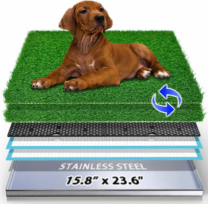 Dog Grass Pad with Tray, Stainless Steel Odor-Resistand Indoor Outdoor Potty System, Durable Alternative to Plastic with Artificial Grass for Dogs Potty Training (Potty System Size -23.6"x 15.8")