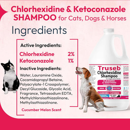 Truseb Topical Ketoconazole and Chlorhexidine Shampoo for Dogs, Cats & Horses Pleasantly Scented with a Cucumber Melon Scent with Aloe (Ketoconazole & Chlorhexidine Shampoo, 1 Gallon)