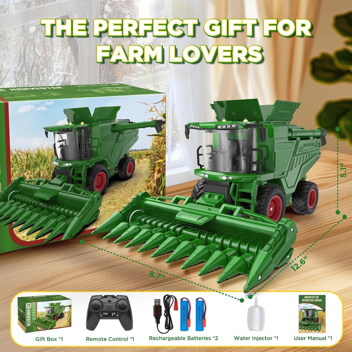 Remote Control Combine Harvester Tractor Toy with Corn Head, RC Tractor Toys for Kids 3+, Light/Spray/Sound/1/24 Scale, Farm Toy Combine Harvester for Kids, Christmas Birthday Gift 2025