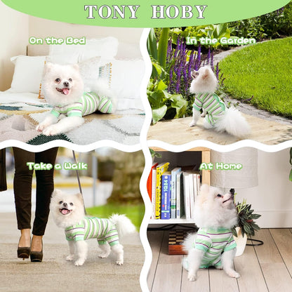 TONY HOBY Dog Pajamas, Male Dog Jumpsuit with Green Stripe, Dogs Clothes for Small Medium Size Dogs (Green&White, Boy, XS)