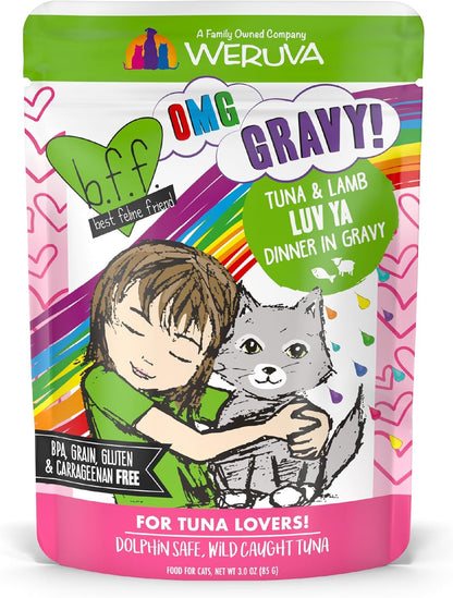 Weruva B.F.F. OMG - Best Feline Friend Oh My Gravy!, Tuna & Lamb Luv Ya with Tuna & Lamb in Gravy Cat Food, 3oz Pouch (Pack of 12)