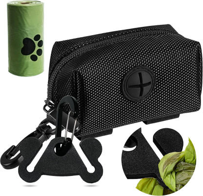 Dog Waste Bag Dispenser Pet Poop Bags Holder for Doggie Waste Bags Dispensers Soft Fabric Zipper Small Doggy Puppy Pouch for Leash Accessory Attachment with Carrier (Black)