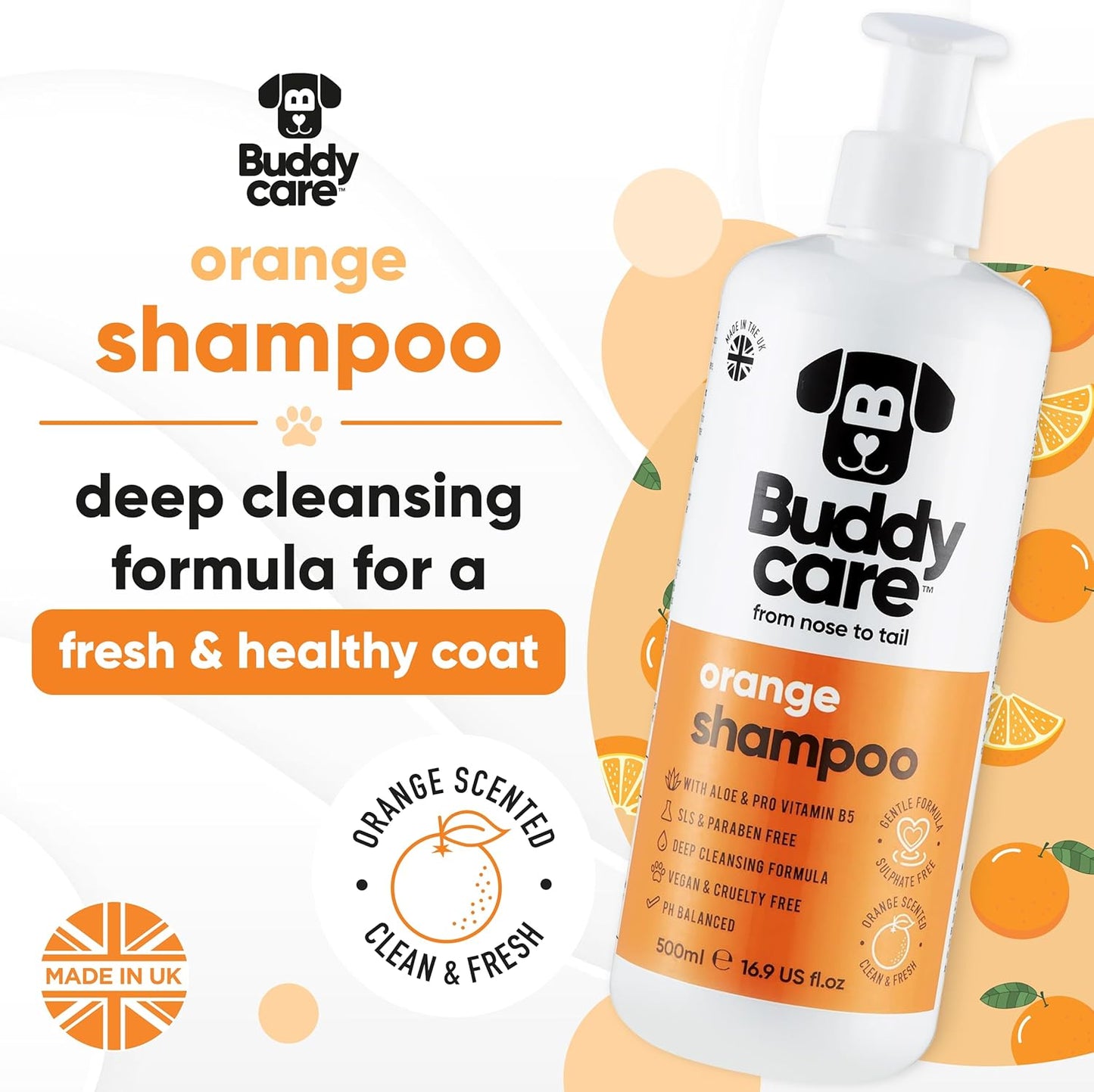 Orange Dog Shampoo by Buddycare | Deep Cleansing Shampoo for Dogs | Orange Scented | with Aloe Vera and Pro Vitamin B5 (16.9oz)