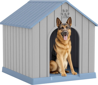 Large Dog House Outdoor Indoor for Medium Large Dogs, Durable Plastic Waterproof Doghouse with Air Vents and Elevated Floor, Easy Clean and Assemble (Blue, 36.2''L×38''W×38''H)