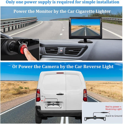 Kairiyard License Plate Backup Camera with 5in Monitor, 170 Degree Wide Angle DIY Grid Lines Waterproof Reverse Rear View Camera Systems for Truck Car Trailer SUV