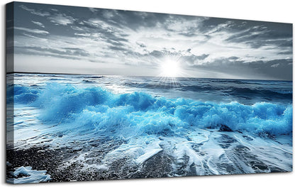 Lapremoly Large Canvas Wall Decor For Office Framed Wall Art For Living Room Blue Beach Painting Ocean Sea Waves Wall Pictures Bedroom Home Decorations Prints Posters Mural Artwork Ready to hang
