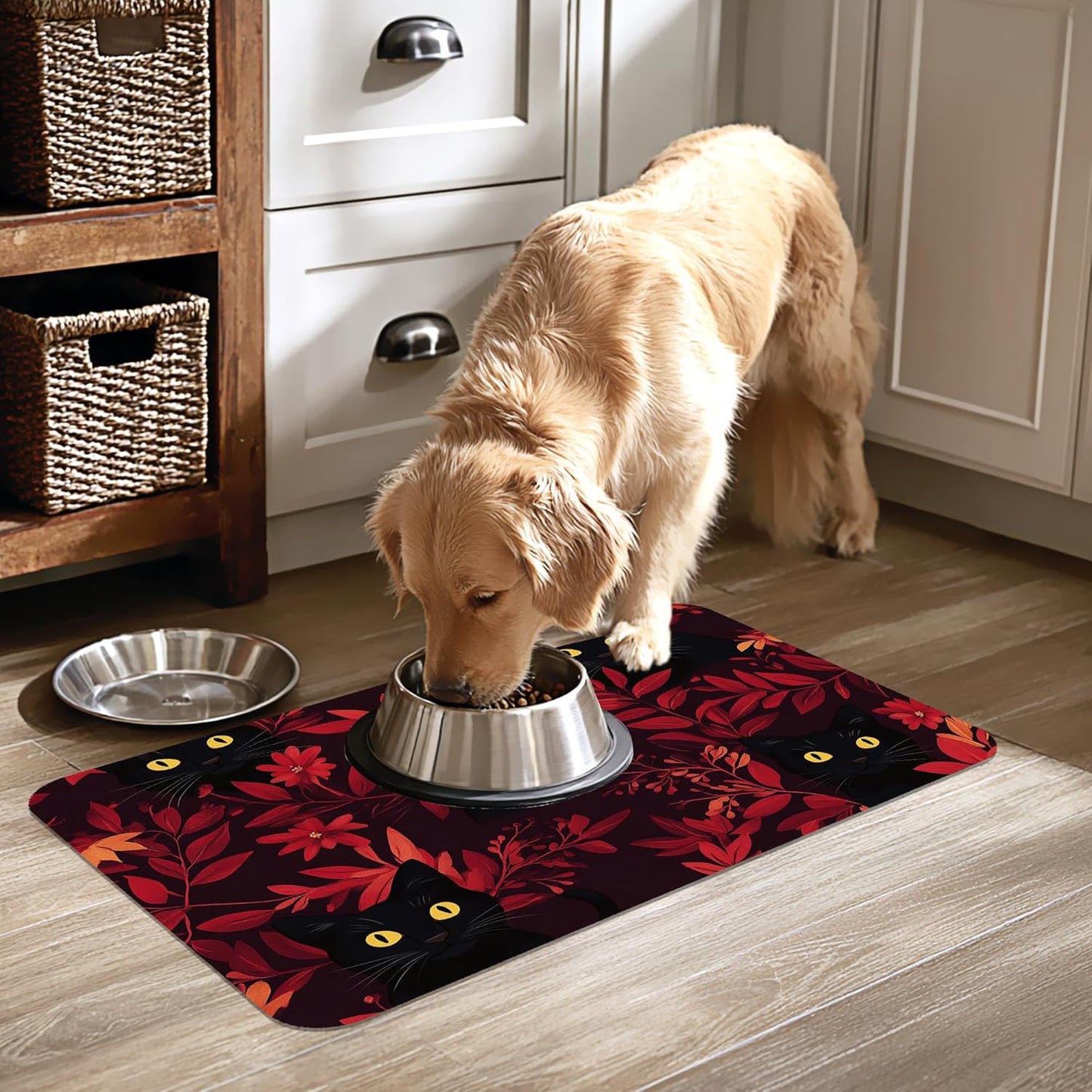 Black Cat Forest Pet Feeding Mat-Quick Dry Absorbent Dog Cat Food Mat, Anti-Slip Water Bowl Mats for Messy Eaters-No Stains Indoor Pet Accessories 12"x20"