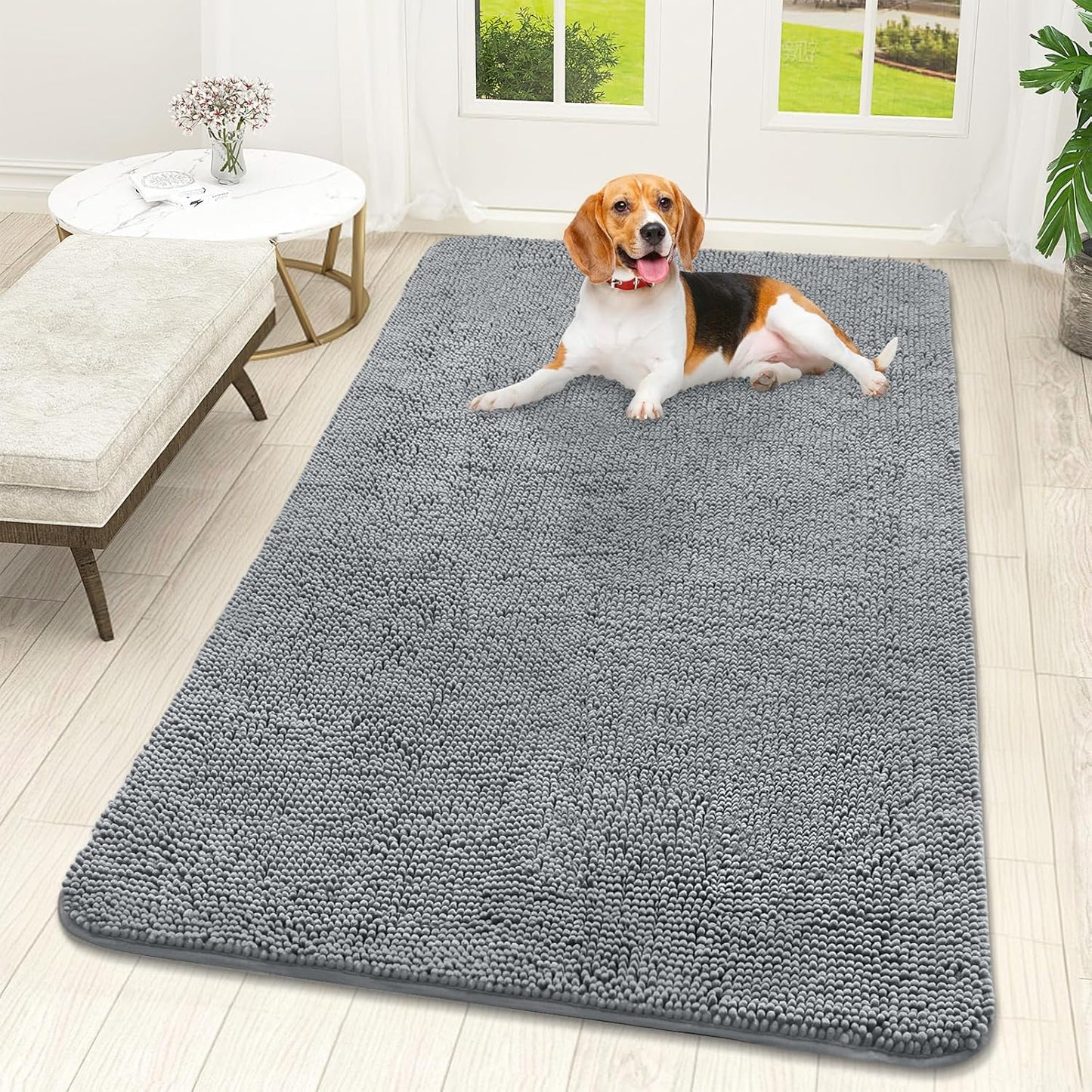 OLANLY Dog Door Mat for Muddy Paws 59x32, Absorbs Moisture and Dirt, Absorbent Non-Slip Washable Doormat, Quick Dry Chenille Mud Mat for Dogs, Entry Indoor Entryway Carpet for Inside Floor, Grey