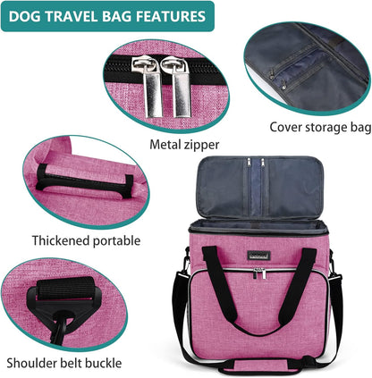 BAGLHER Dog Travel Bag, Pet Travel Bag (ALL Pet Travel Supplies), With 2 Pet Food Containers and 2 Collapsible Silicone Bowls; Essential Kits for Pet Travel Pink
