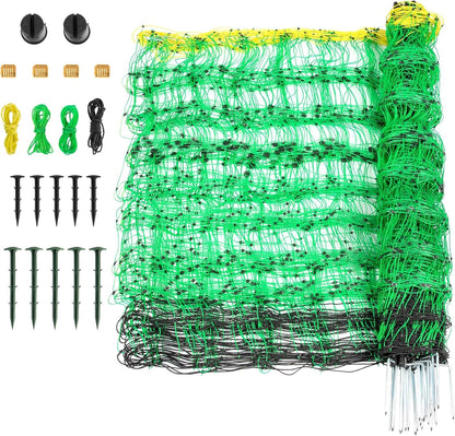 Electric Fence Netting, 49.6" H x 164' L, PE Net Fencing Kit with 14 Posts Double Spiked, Utility Portable Mesh for Sheep Hogs Goats Deer Dogs Lambs Used in Backyards Farms Ranches Patio, Green