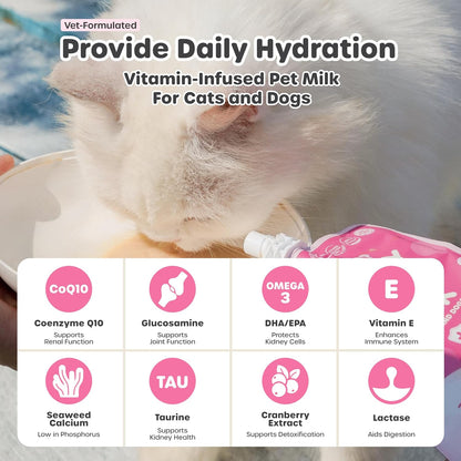 Berry Good Milk is a Lactose-Free, Vitamin-Infused Drink for Cats and Dogs. It Supports Urinary Health, Digestion, and Joint Function. Free from antibiotics, Grains, and Gluten.