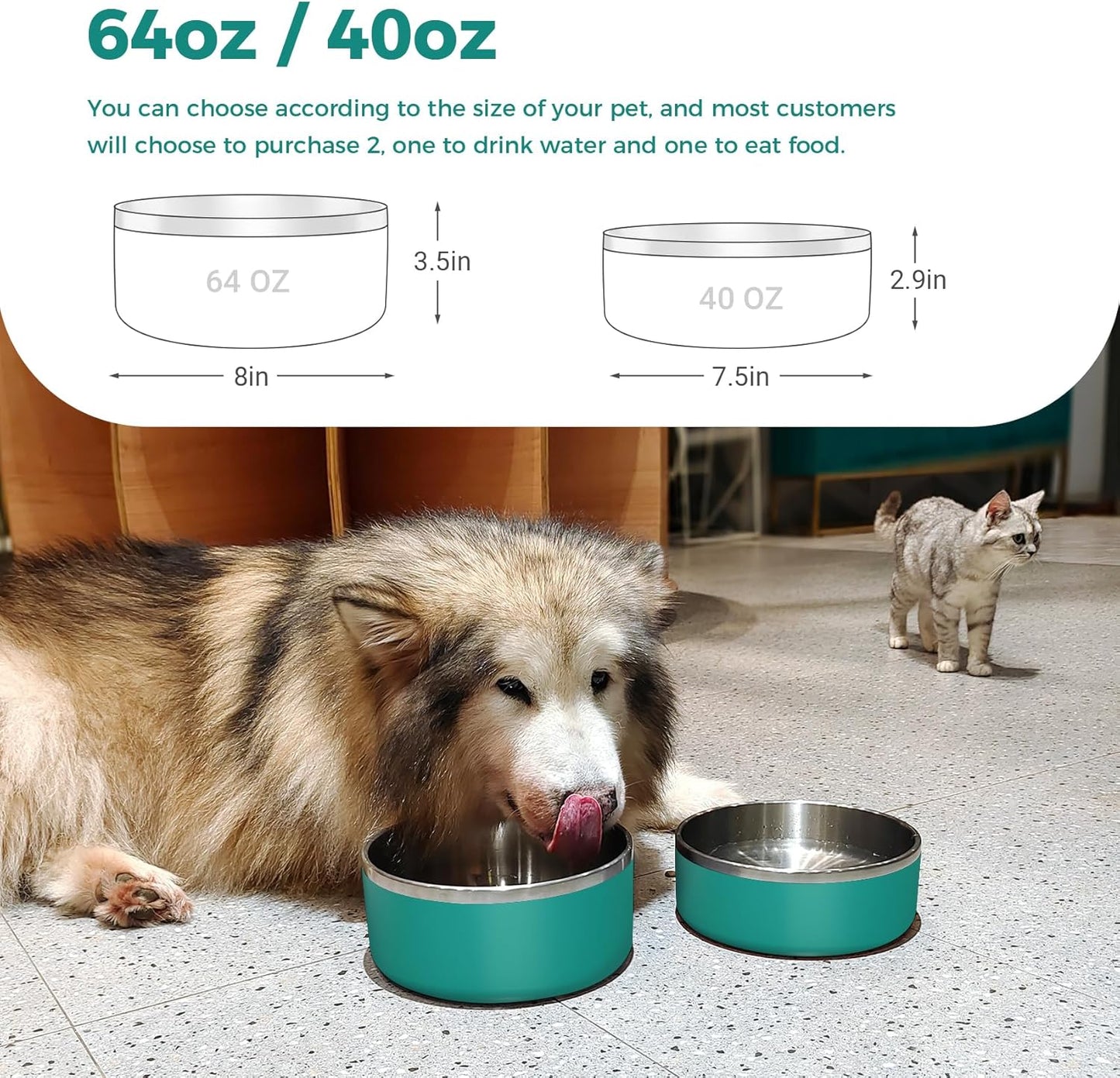 Dog Bowl, Stainless Steel Dog Food and Water Bowl with Non Slip Quiet Bottom, Easy to Clean, Dishwasher Safe, 40oz, Deep Green