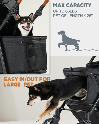 Medium Dog Stroller for Large Dogs, pet Stroller for Medium Dogs Up to 66lbs, All-Terrain with Adjustable Handle & Canopy, Sun Shades, Storage Organizer, Waterproof Oxford Fiber