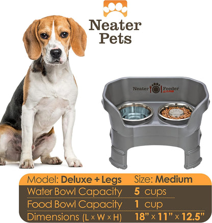 Neater Feeder Deluxe Mess Proof Dog Bowls Elevated for Medium Sized Breeds – Made in USA – No Spill Raised Slow Feeder Elevated Dog Bowl Stand w/Leg Extensions, Food and Water Bowl Set, Grey