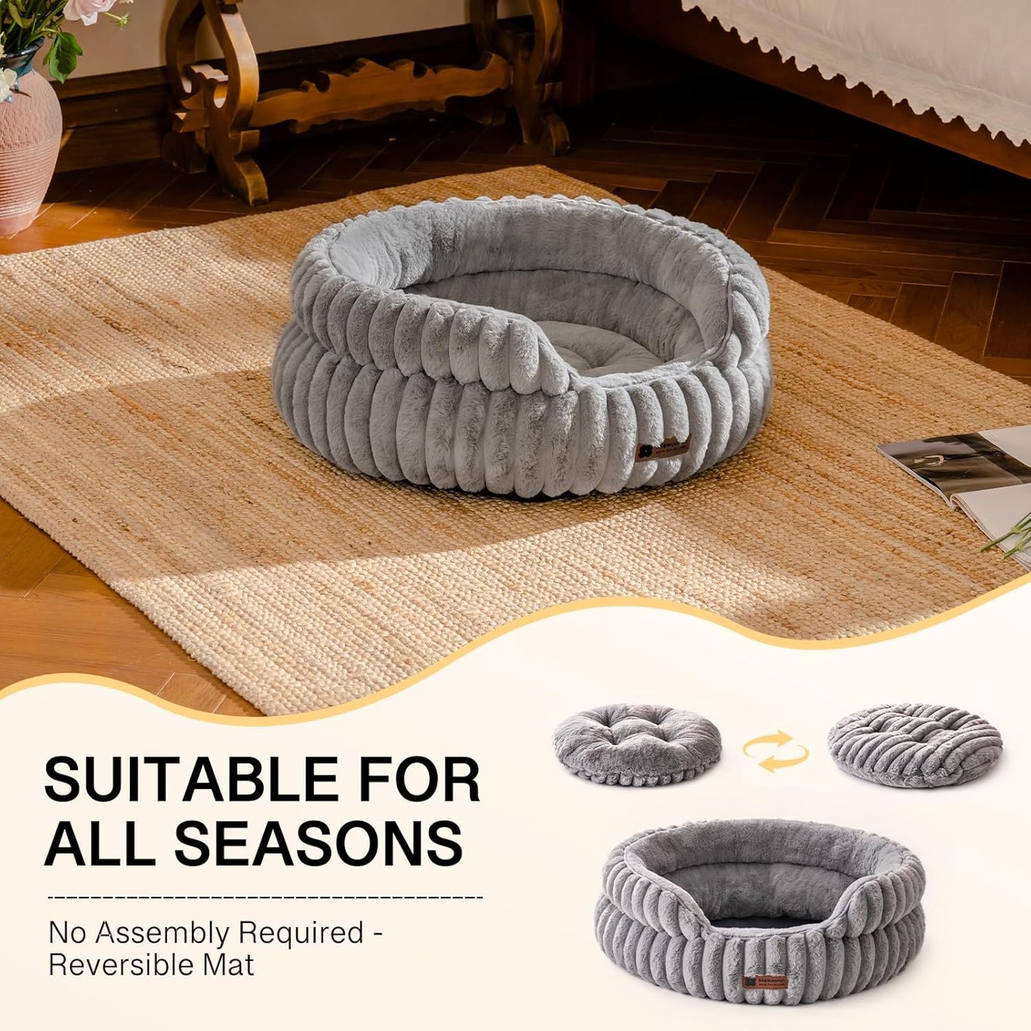 MEWOOFUN Washable Small Dog Bed, Cat Beds for Indoor Cats with Anti-Slip Bottom, Round Pet Bed for Puppy and Kitten (Grey, 24"x24"x9")