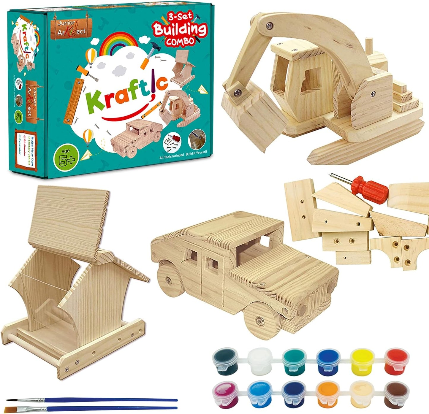 Kraftic Woodworking Building Kit for Kids and Adults, 3 Educational DIY Carpentry Construction Wood Model Kit STEM Toy Projects for Boys and Girls - Wooden Military Vehicle, Excavator and Bird-Feeder