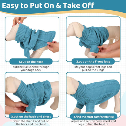 Queenmore Small Dog Pullover Sweater, Cold Weather Cable Knitwear, Classic Turtleneck Thick Warm Clothes for Chihuahua, Bulldog, Dachshund, Pug (Peacock Blue, X-Large)