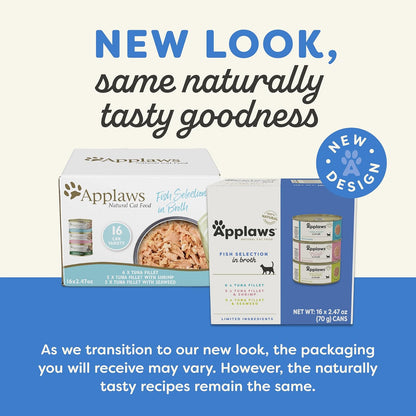 Applaws Natural Wet Canned Cat Food, Made with Limited and Natural Ingredients, Real Protein with No Artificial Additives, Fish Selection Variety Pack in Broth (16 x 2.47oz Cans)
