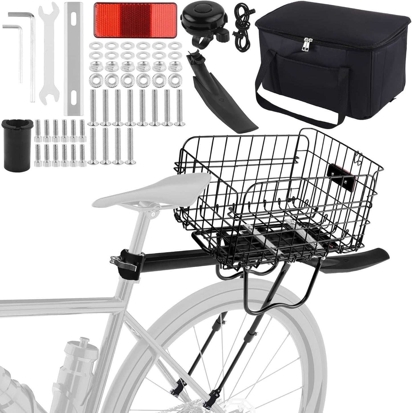 Aodaer Rear Bike Rack with Basket Quick Release Bike Rear Rack Heavy Duty Folding Bike Basket with Waterproof Bag & Cargo Net & Installation Tool