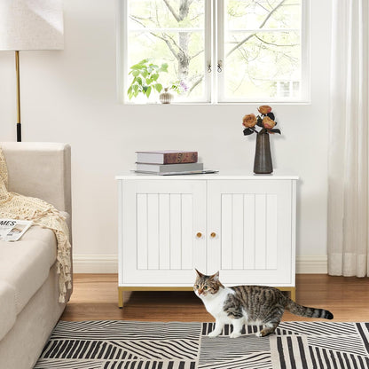 Homhedy Cat Litter Box Enclosure, Cat Washroom Furniture with Metal Frame, Pet House, Fit Most of Litter Box, Modern Style, White and Gold