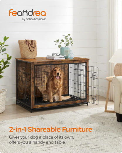 Feandrea Dog Crate Furniture, 44.1" Side End Table, Modern Kennel for Dogs Indoor up to 80 lb, Heavy-Duty Dog Cage with Multi-Purpose Removable Tray, Double-Door Dog House, Rustic Brown UPFC004X01