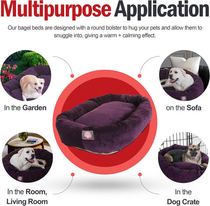 Majestic Pet 40 Inch Micro Velvet Calming Dog Bed Washable 40x29x9 (inch) – Cozy Soft Round Donut Dog Bed with Spine for Head Support - Pet Bed Large – Aubergine