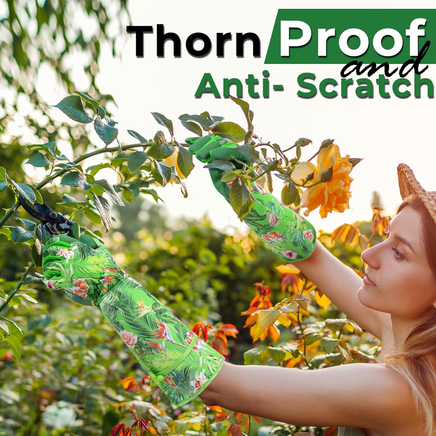 HANDLANDY Women Gardening Gloves, Thorn Proof Breathable Ladies Rose Pruning Long Gauntlet Floral Print Garden Yard Gloves, Gift for Gardeners (Green, S)