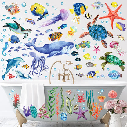 BASHOM DS12-8048 128 Pieces Under The Sea Wall Decals Ocean Fish Stickers Turtle Jellyfish Seaweed Removable for Kids Bedroom Nursery Living Room Home Art Decor Bathroom Baby
