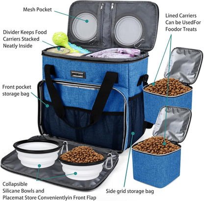 BAGLHER Dog Travel Bag, Pet Travel Bag (ALL Pet Travel Supplies), With 2 Pet Food Containers and 2 Collapsible Silicone Bowls; Essential Kits for Pet Travel Blue