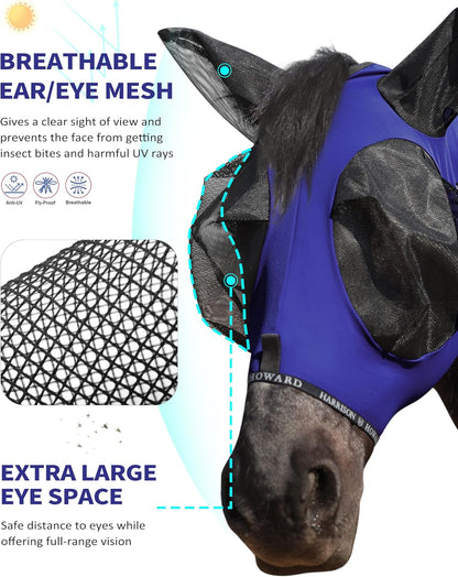 Harrison Howard Horse Fly Mask with Forelock Opening Stretch Breathable and Comfortable for Horses UV -Protection Navy M