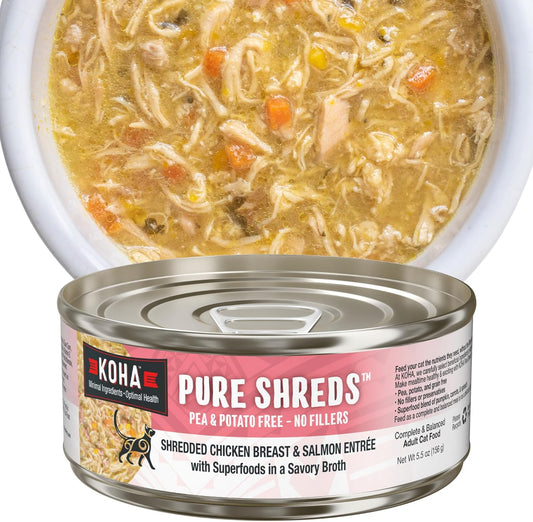 KOHA Pure Shreds Chicken and Salmon Entrée for Cats, High Protein Wet Cat Food, 5.5oz Cans (Pack of