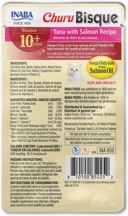 INABA Churu Bisque for Cats Senior 10+, Creamy Purée Side Dish Pouch, 1.4 Ounces per Pouch, 12 Pouches Total, Tuna with Salmon Recipe