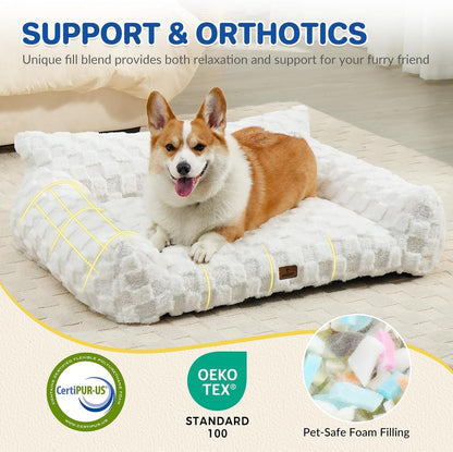 Large Dog Bed Sofa, Fluffy Pet Bed for Medium and Large Dogs, Supportive Dog Couch Sofa for Dogs, Pet Sofas with Washable Cover & Non-Slip, 38 inch, White
