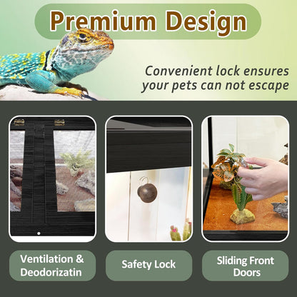 PROLEE Tempered Glass Reptile Enclosure with Leg,48“ Scratch-Proof Bearded Dragon Tank,79 Gallon Lizard Tank with Metal Mesh Tops and Lockable Door,Spacious Reptile Habitat for Snake,Lizard (Black)