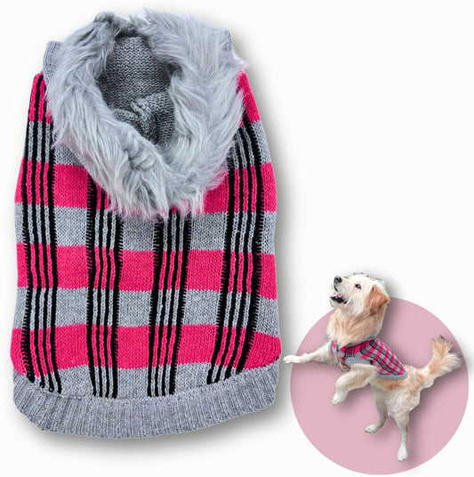 Cute Sweater for Dogs and Cats Soft Flannel Pet Outfit Warm and Cozy Animal Hoodie Small to Large Pet Clothes for Halloween Parties and Everyday Wear (Small, Pink Checkered with Hat)