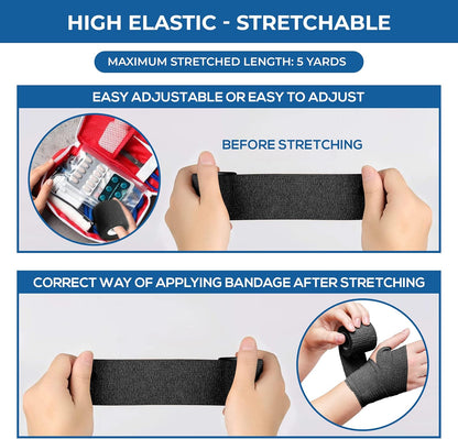 Self Adhesive Bandage Wrap - Pack of 12 Black Color, Non-Woven, Breathable & Water-Resistant Vet Wrap for First Aid, Sports Injury, Body Sprains, & Pets - 2 Inch x 5 Yards