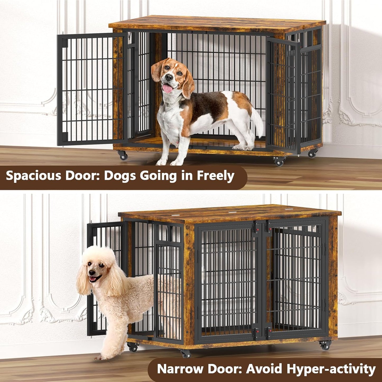 EasyCom 90% Pre-Assembled 33" Small and Meidum Dog Kennel Indoor Furniture, Wooden Dog Crate Furniture with Top-Access Teasing/Feeding Doors, for Medium and Small Breed, with Wheels Moveable