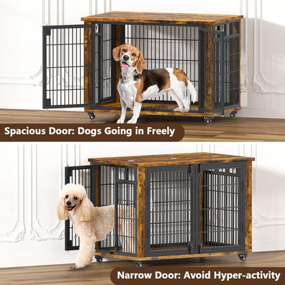 EasyCom 90% Pre-Assembled 33" Small and Meidum Dog Kennel Indoor Furniture, Wooden Dog Crate Furniture with Top-Access Teasing/Feeding Doors, for Medium and Small Breed, with Wheels Moveable