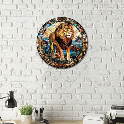 Lygond Metal Sign Tin Sign Circular Stained Glass Lion Garden Metal Sign for Club 12×12 Inches