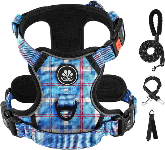 IVY&LANE No Pull Dog Harness with Leash Set, Reflective No Choke Pet Vest,Adjustable Oxford Dog Vest Harness with Easy Control Handle for Large Dogs (Checkered Blue,L)