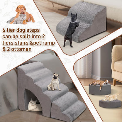 Foam Dog Stairs & Steps Ramps for High Beds 30 inches Tall for Small Dogs and Cats, LitaiL 6 Step Pet Stairs Steps for High Beds 30 inch Large Dogs, Non-Slip Dog Ramps for Older Cat