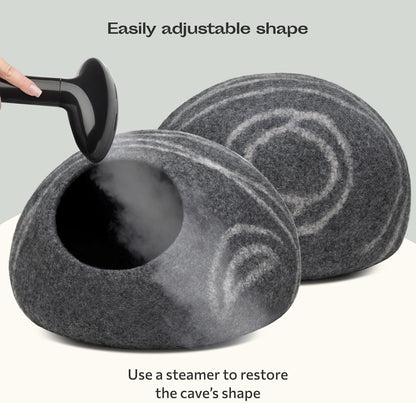 MEOWFIA Cat Cave – Premium Felt Cat Bed for Indoor Cats, Handmade 100% Merino Wool (Large, Dark Grey)