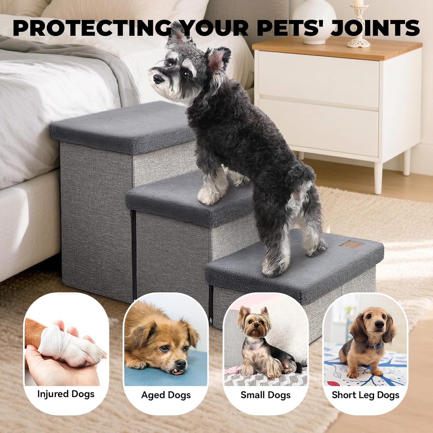 Dog Stairs with Furry Lids 18" H, 3-Step Wider Dog Steps with Storage for Small/Medium/Large Old Dogs Cats, Folding Sturdy Pet Stairs Climbing Bed Couch, Ramp for Car Hold Up to 200 lbs, Grey