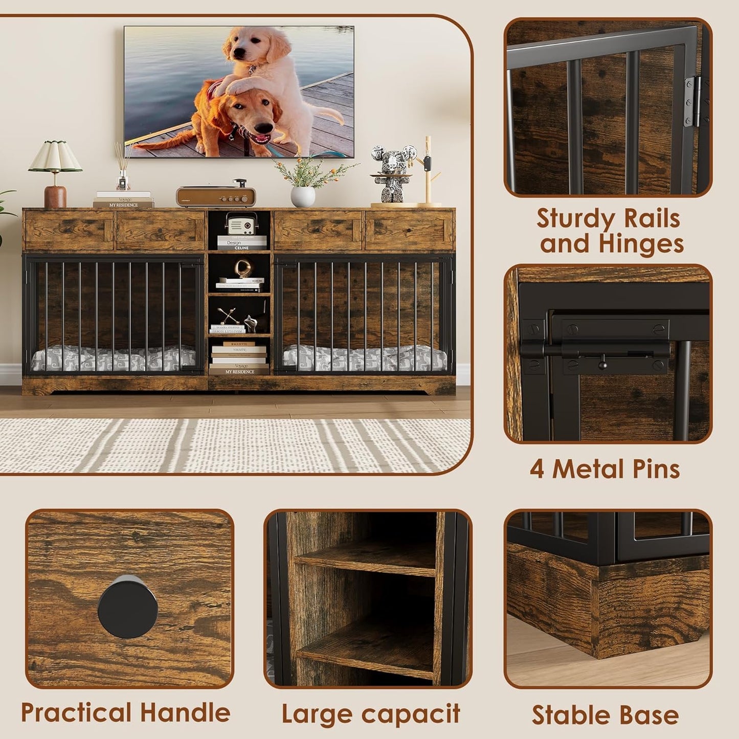 GarveeHome 82” Double Dog Crate Furniture, Large Dog Kennel Indoor for 2 Dogs, Heavy Duty Wooden Dog Crate TV Stand with 4 Drawers and Shelves, Brown