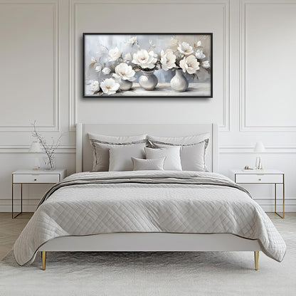 Large Farmhouse Floral Wall Art for Living Room, Framed Oversized White Flower Vase Wall Decor Grey Floral Canvas Painting Pictures Modern Artwork for Bathroom Bedroom Office Dining Room 60"x30"