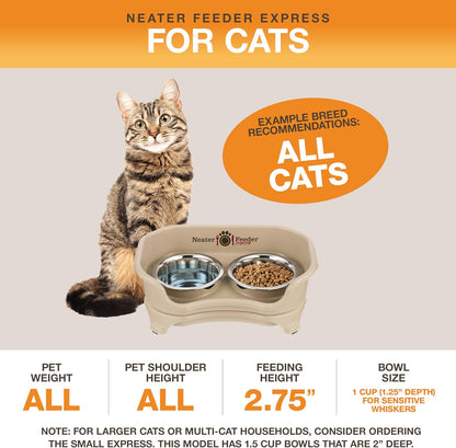 Neater Feeder Express Mess Proof Cat Bowls Elevated, No Spill Feeding Station, Stainless Steel Dishes for Food and Water, Raised Bowls for Indoor Cats, No Fatigue Whisker Friendly Dish, Almond